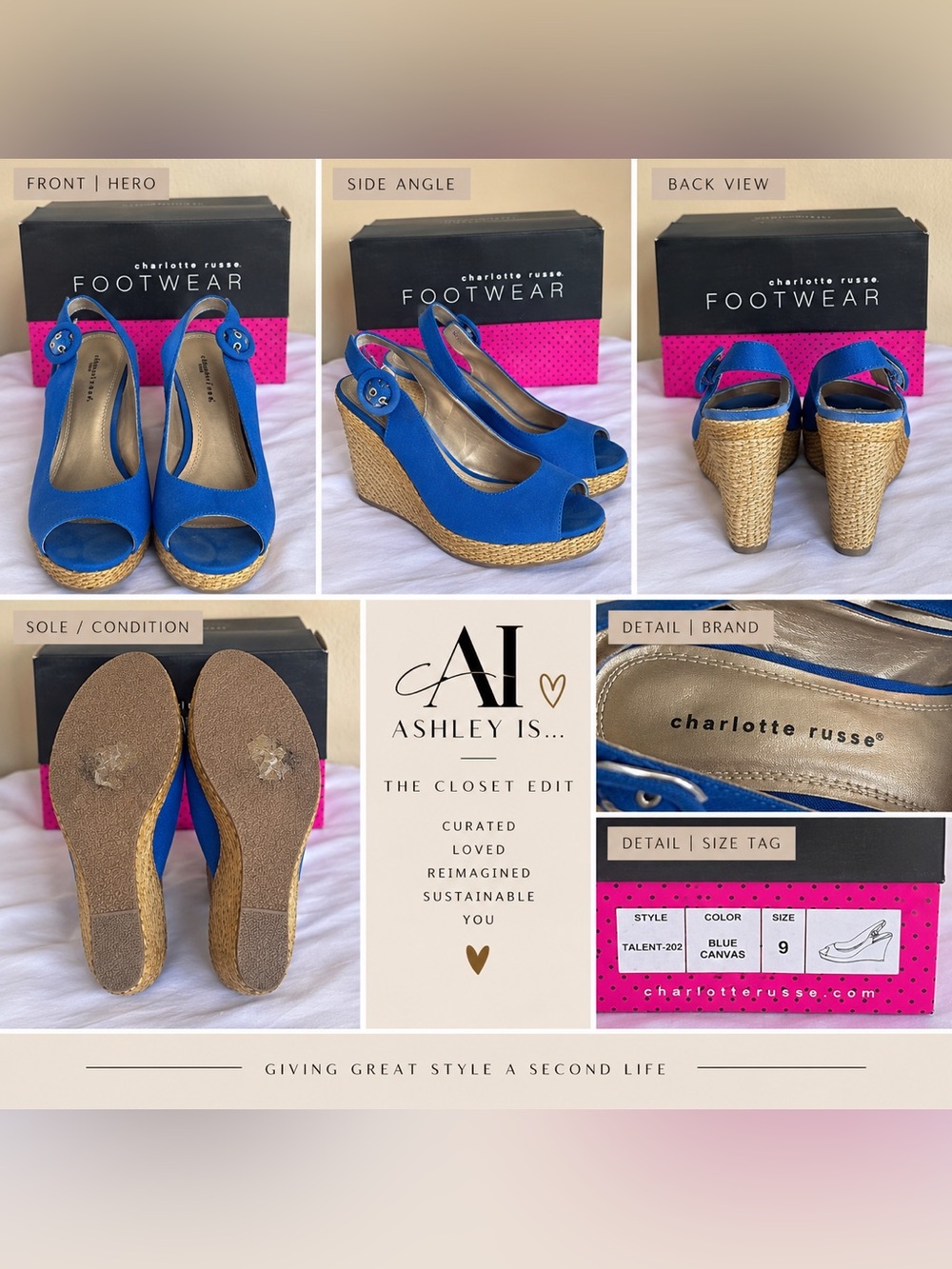 Charlotte Russe Blue Canvas Peep Toe Espadrille Wedges